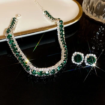 Роскошное Элегантное ожерелье, серьги, наборы с зеленым кристаллом, Ожерелье для женщин, Свадебная вечеринка, Подарок для невесты в красивой коробке