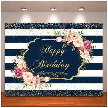 Фон для фотосъемки с цветочным рисунком, темно-синие и белые полосы, фон для Дня рождения, украшение для вечеринки по случаю Дня рождения, Баннер, плакат