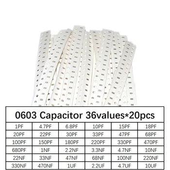 0603 SMD Конденсатор ассорти комплект, 36 значений * 20шт = 720шт 1pF ~ 10uF Набор образцов электронный diy kit