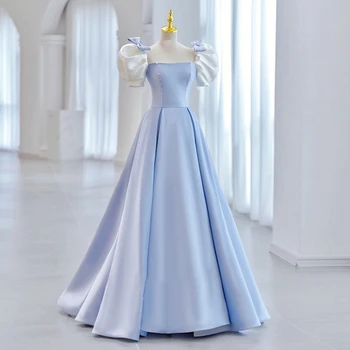 18128 # Элегантное вечернее платье принцессы с голубым бантом и рукавами-пузырями, атласное платье с квадратным вырезом, приталенное платье для выпускного, дня рождения