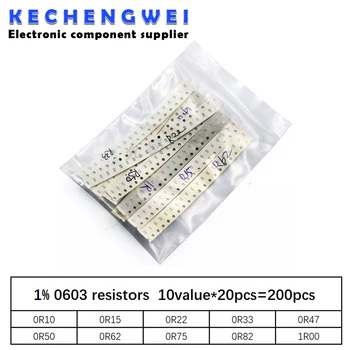 200ШТ 1% 0603 SMD резисторов ассорти DIY kit set, значение 10 * 20шт = 200шт 1R00 R820 R750 R620 R500 R470 R330 R220 R150 R100