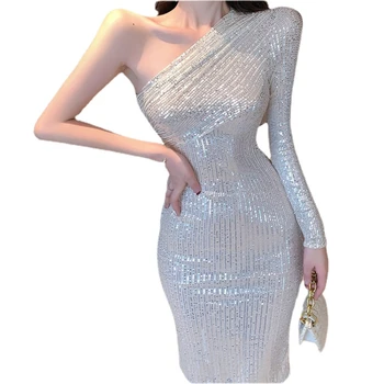 2023, Весеннее Новое Женское вечернее платье с наклонным плечом, с одним рукавом, расшитое блестками, платье-карандаш до колена, Vestido De Mujer, высокое качество
