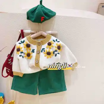 2023 Зимний осенний кардиган для маленьких девочек, вязаный свободный свитер с цветочной каймой, эластичное модное детское пальто для девочек с открытой строчкой