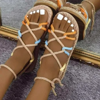 2023 Летние новые женские римские сандалии в стиле ретро с плетеной веревкой, с круглым носком, с открытым носком, женская обувь, повседневные нескользящие пляжные сандалии на плоской подошве