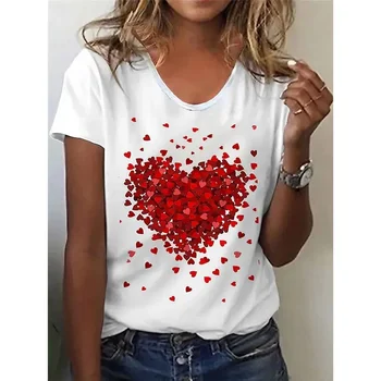 2023 Летняя новая женская футболка в стиле ретро с красным сердцем, модная 3D-печать, повседневная уличная спортивная женская рубашка с круглым воротником