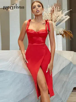 2023 Новое женское красное атласное платье, сексуальный ремешок для часов на шнуровке, облегающие платья с разрезом без рукавов, вечерние платья знаменитостей, вечеринка в клубе, Vesidos