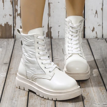 2023 Новые кожаные сапоги для женщин, модная осенне-зимняя женская обувь в римском стиле, женские ботильоны с круглым носком, ботинки на платформе