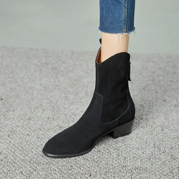 2023 Новые осенние женские ботинки из коровьей замши, сапоги в западном стиле, женская обувь, сапоги из натуральной кожи до середины икры на массивном каблуке с круглым носком