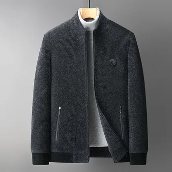2023 Осенне-зимняя мужская шерстяная куртка из синели с утолщенным воротником-стойкой для мужчин среднего и пожилого возраста, теплая куртка-пиджак