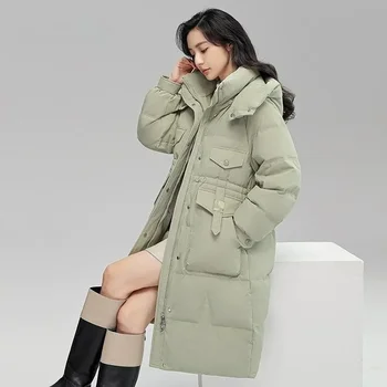 2024 Новый женский пуховик, зимнее пальто, женская версия средней длины, Парки, Свободная теплая верхняя одежда с капюшоном, Модное Универсальное пальто