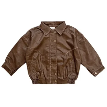 2024 Новый кожаный кардиган для мальчиков и девочек с длинными рукавами, детская одежда, детская корейская версия куртки, осенняя куртка