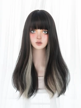 24-дюймовые синтетические парики черного и золотистого цвета с челкой, Парик из длинных натуральных прямых волос для женщин, повседневного использования, Термостойкий
