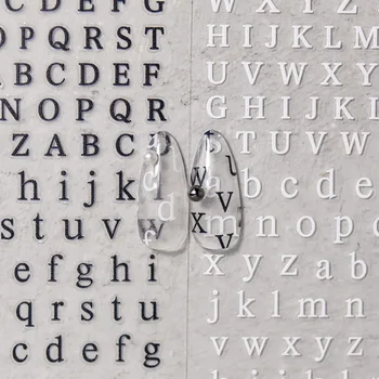 2D Реалистичный краткий Черно-Белый A-Z 26 заглавных букв английского алфавита, Маленькие символы, Наклейки для ногтей, наклейки для маникюра, украшения