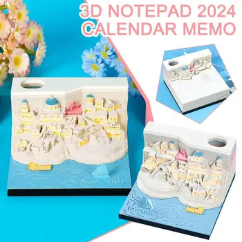 3D-календарь Memopad на 2024 год, календарь Santorini, мини-блокнот 3D со светодиодной подсветкой, настольный календарь для заметок, подарки на день рождения