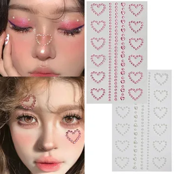 3D украшения для лица, наклейки с татуировками из кристаллов и бриллиантов, женские глаза, розовое сердце, жемчужные стразы, 3D макияж, художественная сцена