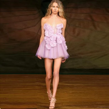 3D цветочные мини-платья Многослойные Короткие вечерние платья ручной работы с открытыми плечами, прозрачное платье-пачка длиной выше колена
