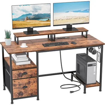 47-дюймовый офисный стол с 2 подставками для мониторов и тканевым картотечным шкафом, стол Pliante, мебель в деревенском стиле, коричневые столы для чтения за компьютером