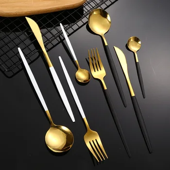 (4шт) Роскошная ручка из нержавеющей стали с золотой столешницей, нож для стейка, Вилка, Набор столовых приборов в западном стиле, набор посуды