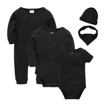 5 шт./компл., комплект одежды для маленьких мальчиков, черные однотонные ползунки, шапки, нагрудники, подарок для девочек, комбинезон для новорожденных 0-12 м