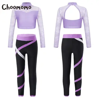 Choomomo/ Детские топы для девочек 6-14 лет с длинными рукавами и ложным вырезом на спине и леггинсами, спортивный комплект, гимнастические костюмы с цветочным кружевом в стиле пэчворк