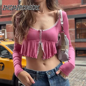 INSMIRCOGIRL Корейская мода Y2K, милый кружевной Розовый укороченный топ, женская футболка Slim Trip Coquette, мини-футболка Kawaii
