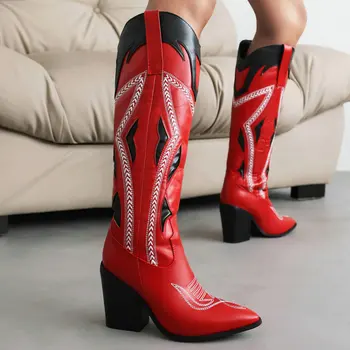 IPPEUM Женские Ковбойские сапоги в стиле кантри-вестерн, Красные Туфли до колена На массивном каблуке, Вышитые Ковбойские сапоги