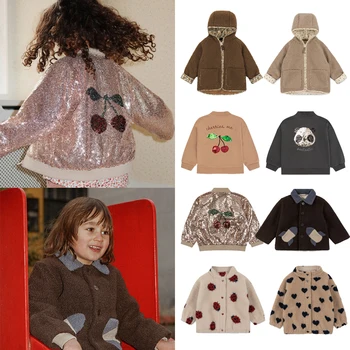 Konges Slojd/ Флисовая верхняя одежда с пайетками и пандой для мальчиков, куртка с вышивкой вишни для девочек, детское хлопковое пальто с капюшоном, утепленная толстовка