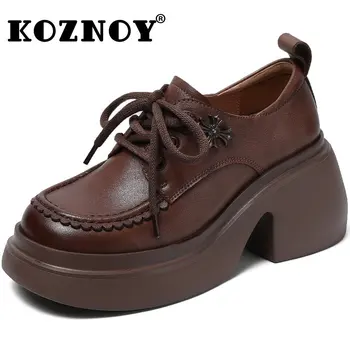 Koznoy 8 см, Женская осенне-весенняя обувь на платформе из натуральной кожи, Повседневные кроссовки на блочном каблуке, Женские Мокасины на шнуровке, Модная обувь в стиле ретро