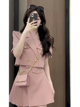 Lnsozkdg, Летний модный блейзер, Плиссированное платье, Женский Фиолетовый костюм из двух частей, пальто + Мини-юбка, комплект Корейской элегантной одежды, костюм