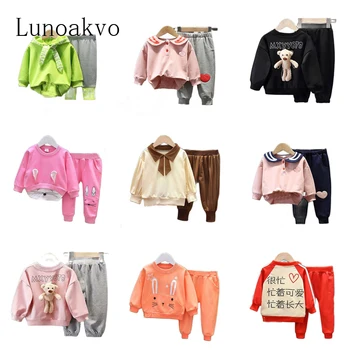 Lunoakvo/ Осенние спортивные костюмы для маленьких девочек от 5 до 4 лет с мультяшным медведем, Детская Бутик-одежда оптом, одежда для маленьких девочек с пышными рукавами