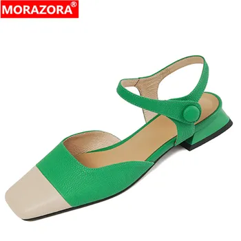 MORAZORA / 2022 Новые женские босоножки из натуральной кожи с квадратным носком на низком каблуке с застежкой-петлей, женские модельные туфли с закрытым носком