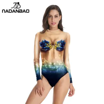 Nadanbao Сексуальный женский купальник телесного цвета с 3D принтом, цельный купальник с длинным рукавом