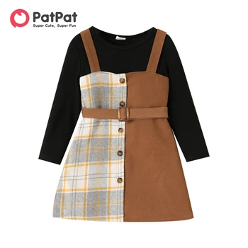 PatPat Комплект из 2 предметов Топа с длинными рукавами для маленьких девочек и платья в клетку с поясом