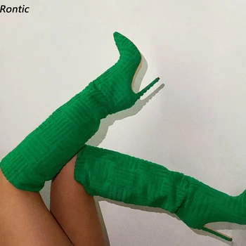 Rontic/ Модные женские весенние Сапоги до колена из искусственной замши На шпильке С острым носком, великолепные вечерние туфли цвета зеленой Фуксии, размер США 4-10,5