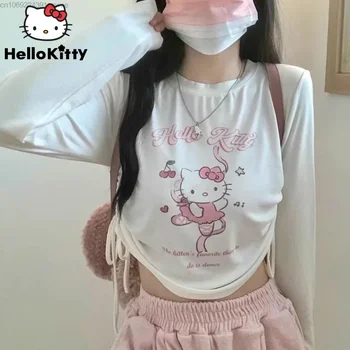 Sanrio Hello Kitty Kawaii Белая Футболка с длинным рукавом Y2k Для девочек в стиле Лолиты, Японские Футболки Harajuku, Одежда 2000-х, Эстетическая Милая футболка