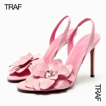 TRAF 2023, Женские туфли-лодочки на высоком каблуке с цветочным узором, Летние Босоножки на высоком каблуке, Розово-зеленые Босоножки на шпильке С открытым носком и круглым носком