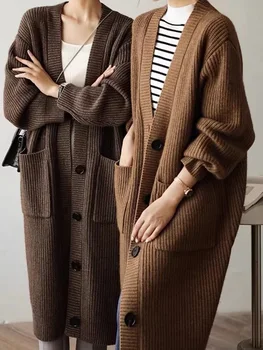 TRAFZA 2023, Новый модный однобортный кардиган длинной вязки для женщин, Осенне-зимний свитер, Винтажные повседневные Шикарные джемперы
