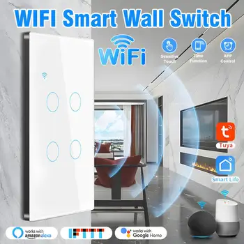 Tuya EU US Wifi Smart Switch 1/2/3/4 Банды Настенный Светильник Сенсорный Выключатель Smart Life Нейтральный Провод Требуется Для Alexa Google Home Alice