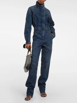y2k весенне-осенний ковбойский комбинезон с воротником на талии, хлопчатобумажные Женские брюки2023, тонкие прямые джинсы с высокой талией для женщин