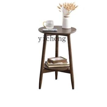 ZC Маленький круглый столик из массива дерева Диван в гостиной круглый чайный столик Двухслойный приставной столик На балконе Деревянный стол Простой стол