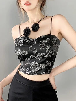 Асимметричный Винтаж черный укороченный жаккардовый топ женская мода шикарные Холтер 3D цветочный летний камзол топы готическая одежда
