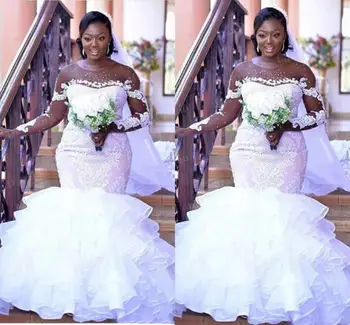 Африканские Нигерийские Плюс Размер Кружевные Свадебные Платья Русалки С Прозрачным Вырезом И Длинным Иллюзионным Рукавом Из Органзы С Оборками Vestidos De Novia Bridal