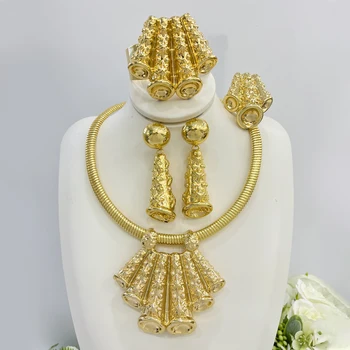 Африканский комплект ювелирных изделий для женщин, необычные серьги и ожерелье с браслетом и кольцом, 24-каратный позолоченный Свадебный набор ювелирных изделий для новобрачных