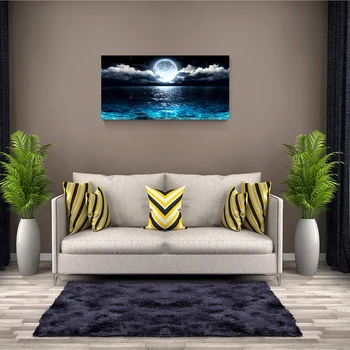 Белая Луна, пейзаж с голубым океаном, Настенное искусство с ночными морскими пейзажами, печать плаката на холсте для домашнего декора гостиной