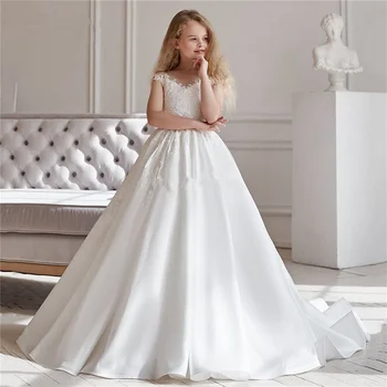 Белое свадебное платье с цветочным узором для девочки, без рукавов, длиной до пола, Тюлевое платье принцессы с аппликацией, празднование Первого Причастия, Выпускной