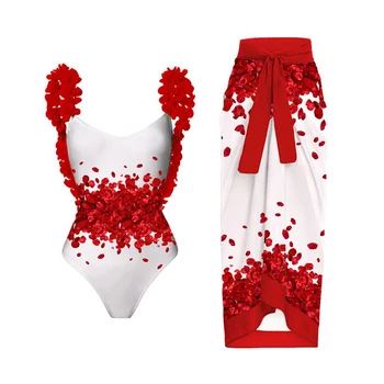 Бикини с 3D лепестками 2023, Новый красный цельный купальник с цветочным принтом, Летний женский купальный костюм, пляжная одежда для отдыха, Роскошная спинка