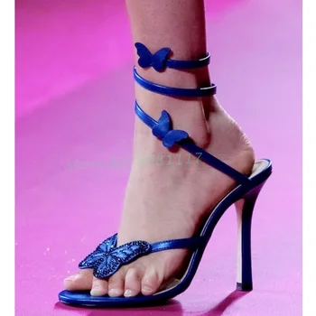 Босоножки с перекрестными каблуками-бабочками, роскошные босоножки со стразами на высоком тонком каблуке, однотонные босоножки с открытым носком, женская летняя обувь для вечеринок