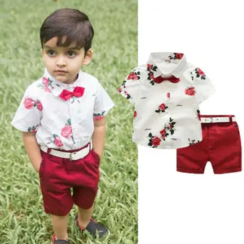 В наличии в США для малышей, топы с цветочным рисунком для мальчиков, футболка с коротким рукавом + шорты, брюки, наряд, одежда 2 шт.