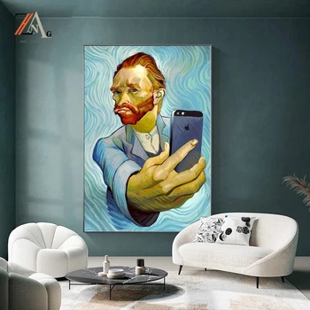 Веселые и креативные селфи-фотографии Ван Гога с мобильными плакатами, портретом Куадроса на холсте с принтом Моны Лизы, художественным оформлением стен гостиной
