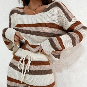 Весенне-осенний комплект свитеров 2023, новый простой трикотаж в контрастную полоску, женский топ с длинным рукавом, модные Корейские свитера